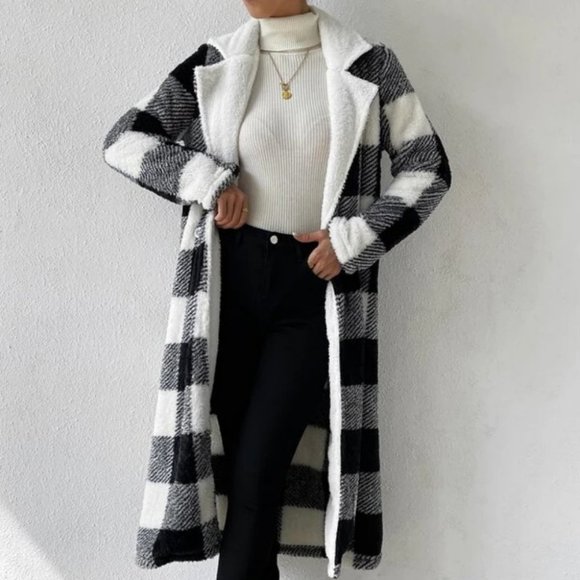 Black white Buffalo Plaid Open Front Flannel Longline Coat Jacket - Picture 6 of 6